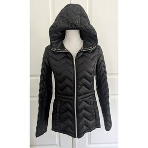 Michael Kors Packable Down Fill Hooded Puffer Jacket Black Leopard Lining Small